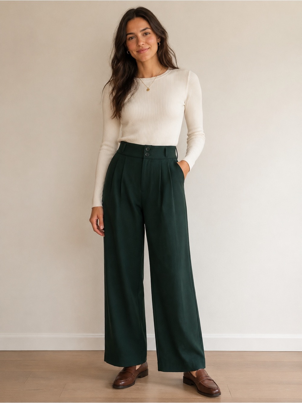 Halara Dark Green High Waisted Pleated Wide Leg Pants